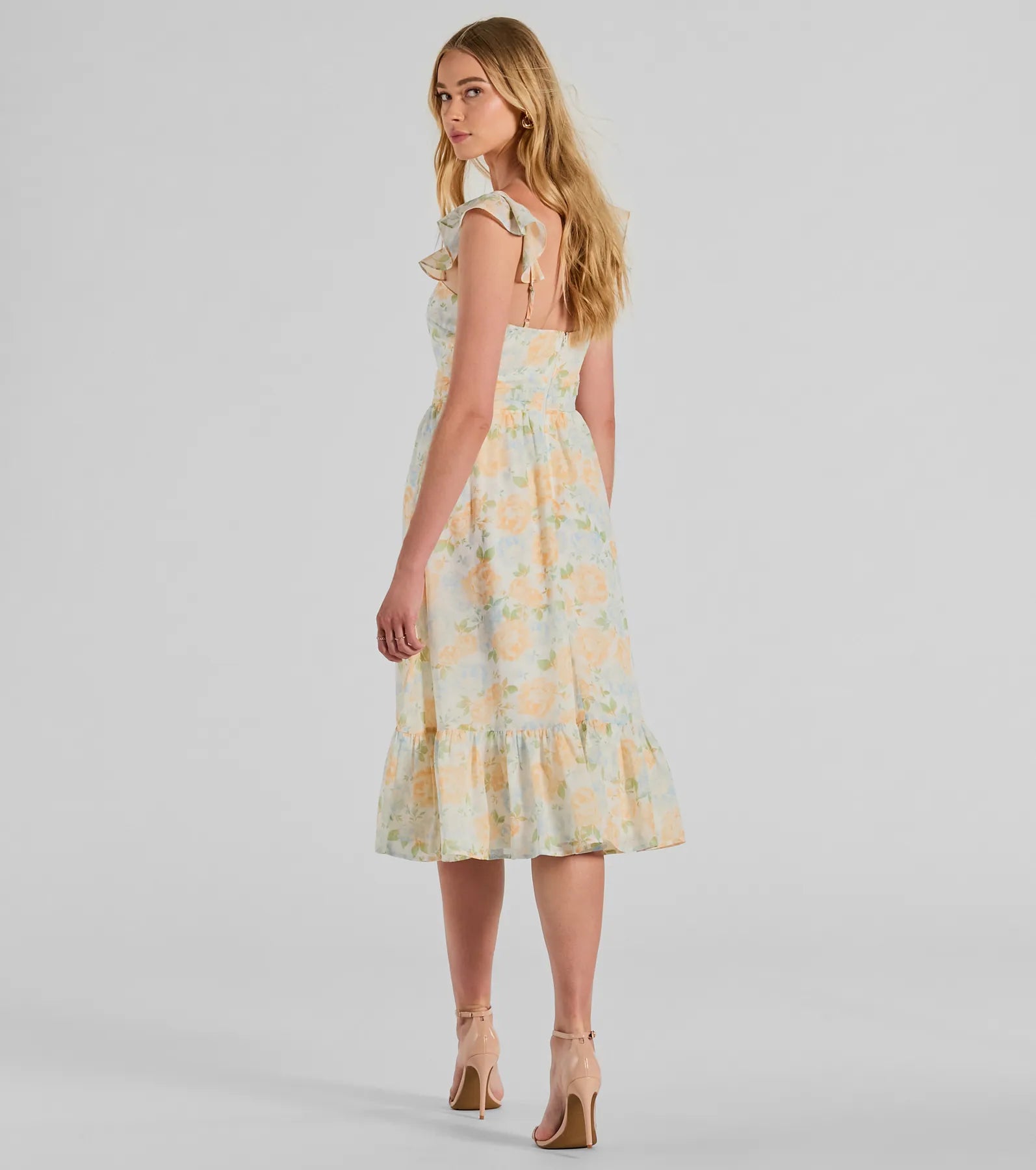 Delightfully Chic Ruffled Floral Chiffon Midi Dress - Image 2