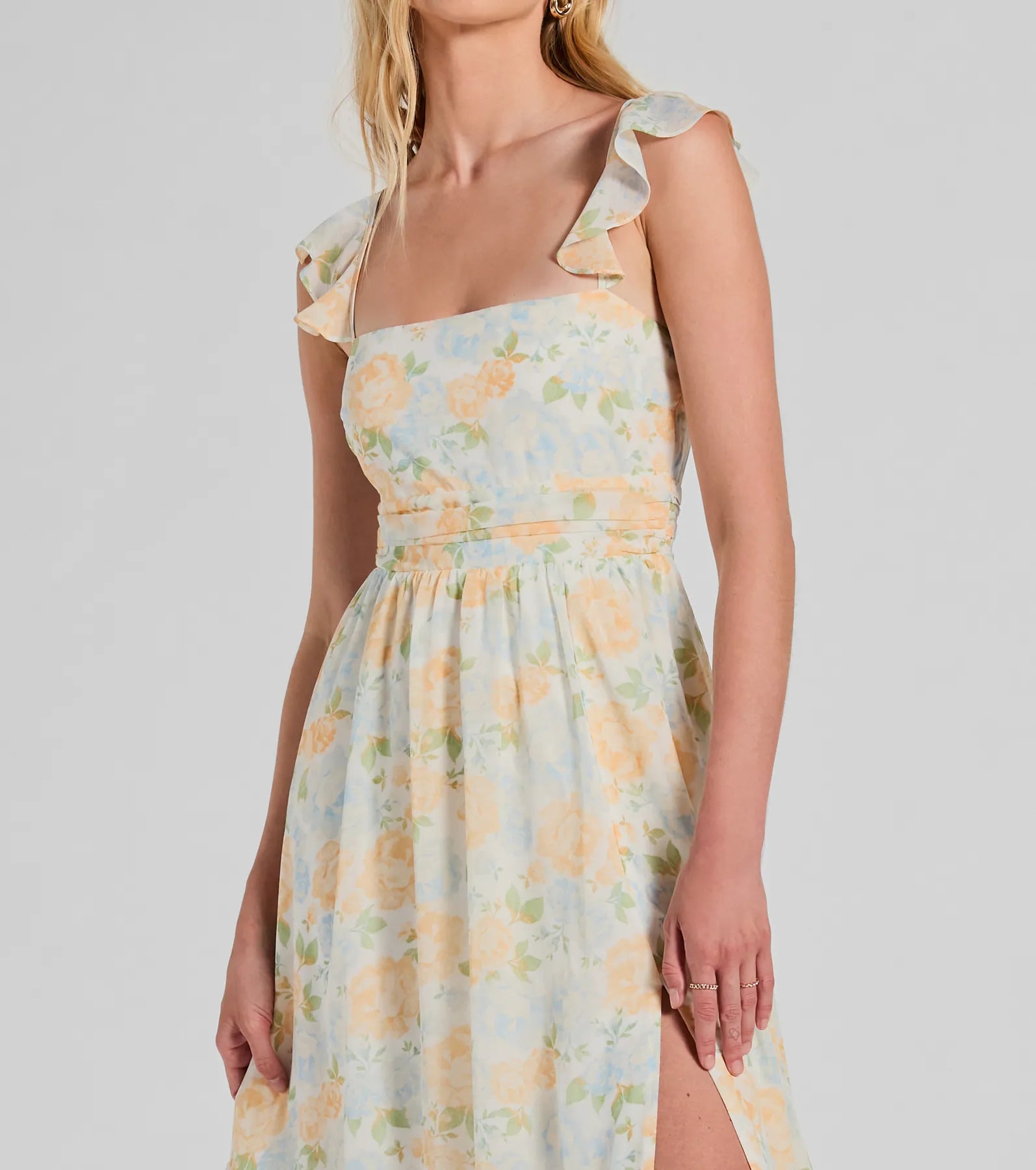 Delightfully Chic Ruffled Floral Chiffon Midi Dress - Image 3