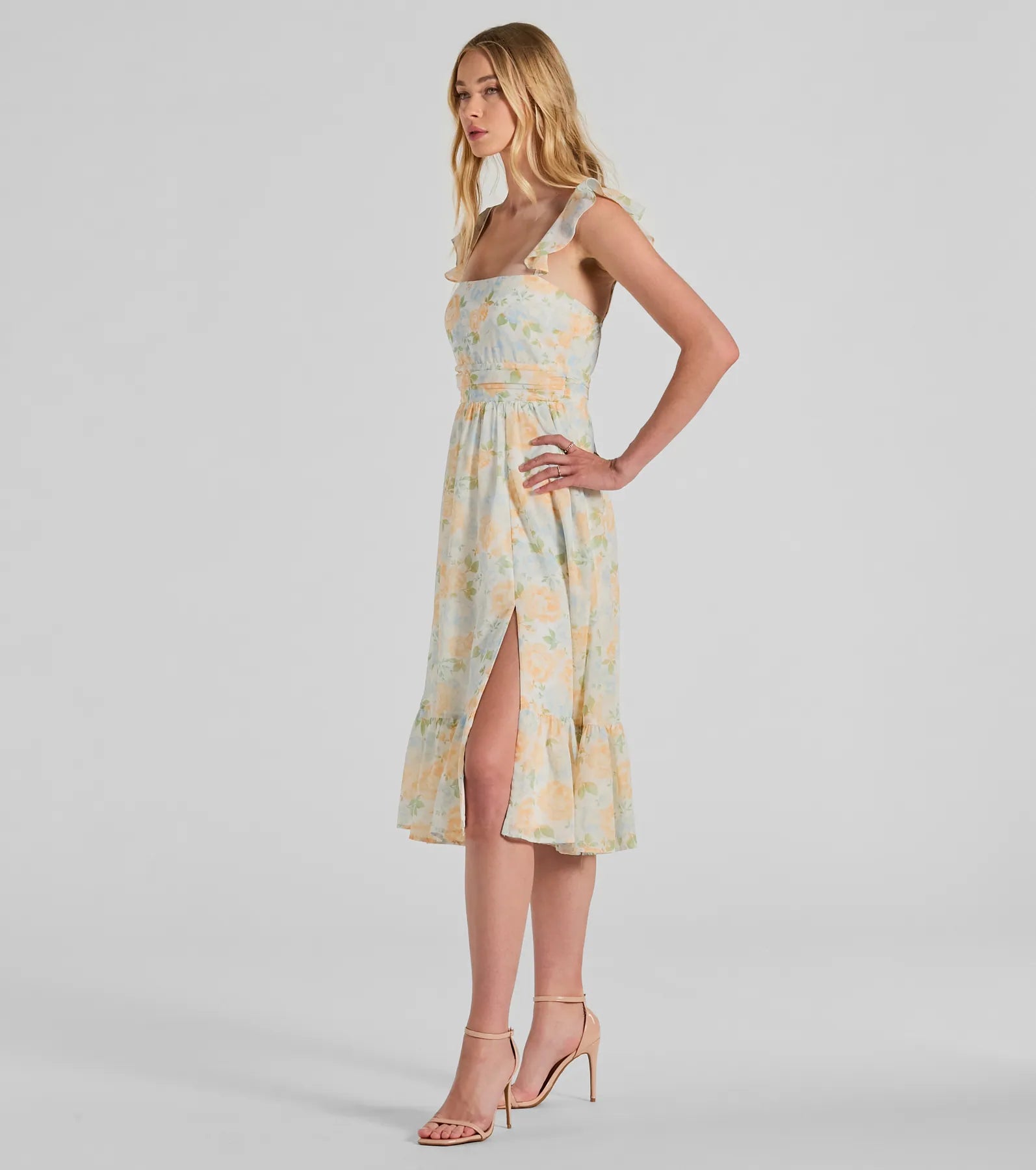 Delightfully Chic Ruffled Floral Chiffon Midi Dress - Image 4