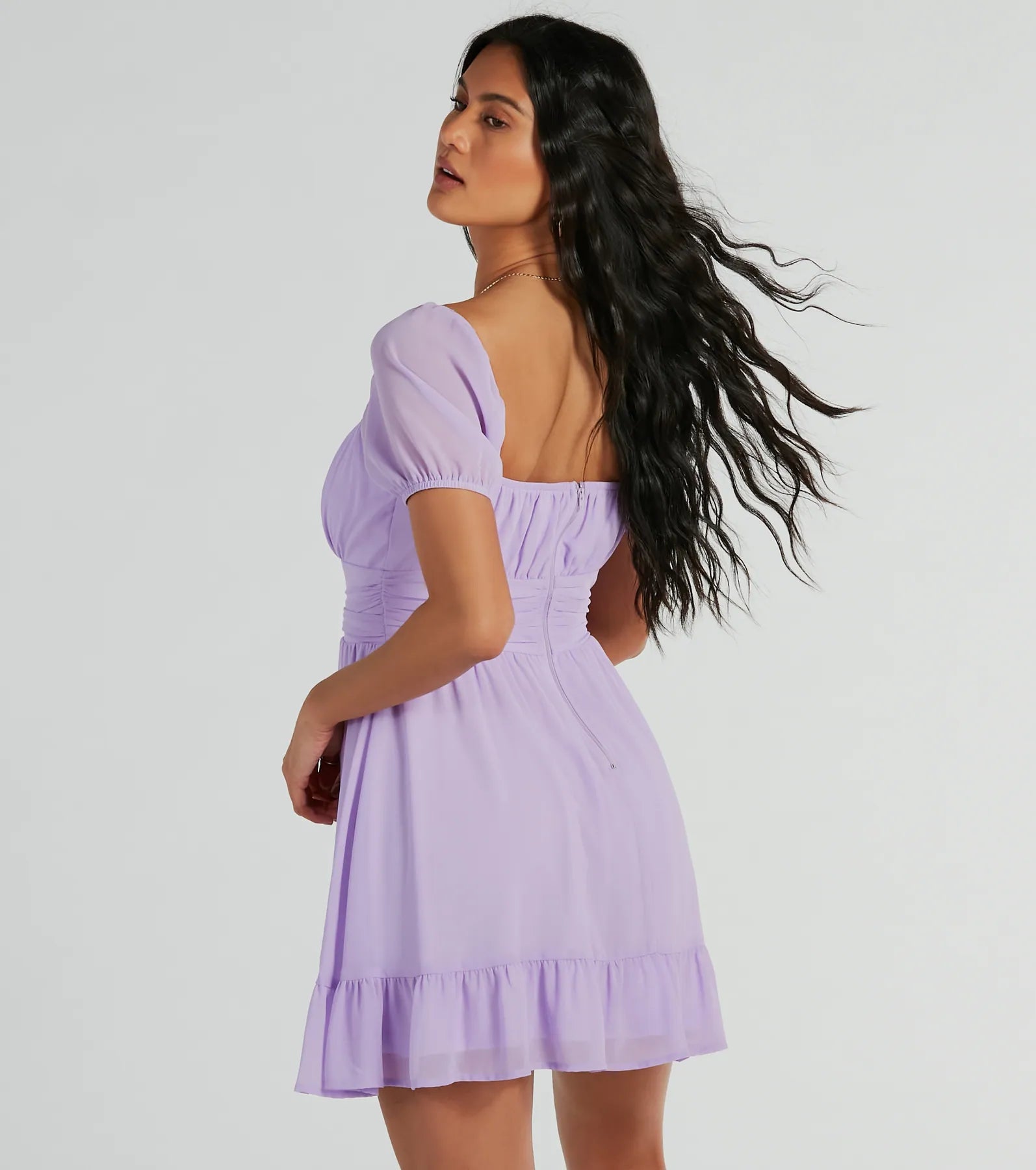 Charming Style Puff Sleeve Chiffon Skater Dress - Image 2