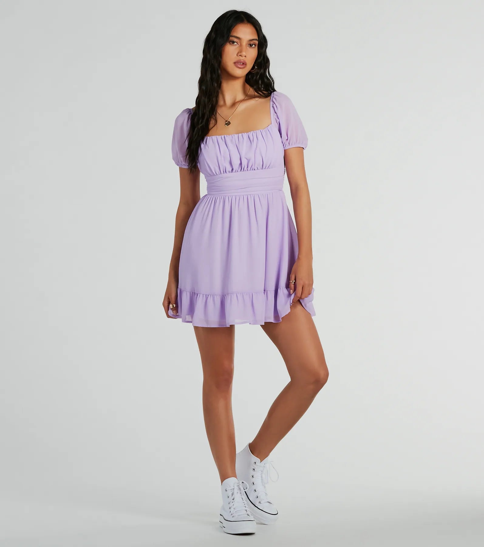 Charming Style Puff Sleeve Chiffon Skater Dress - Image 3