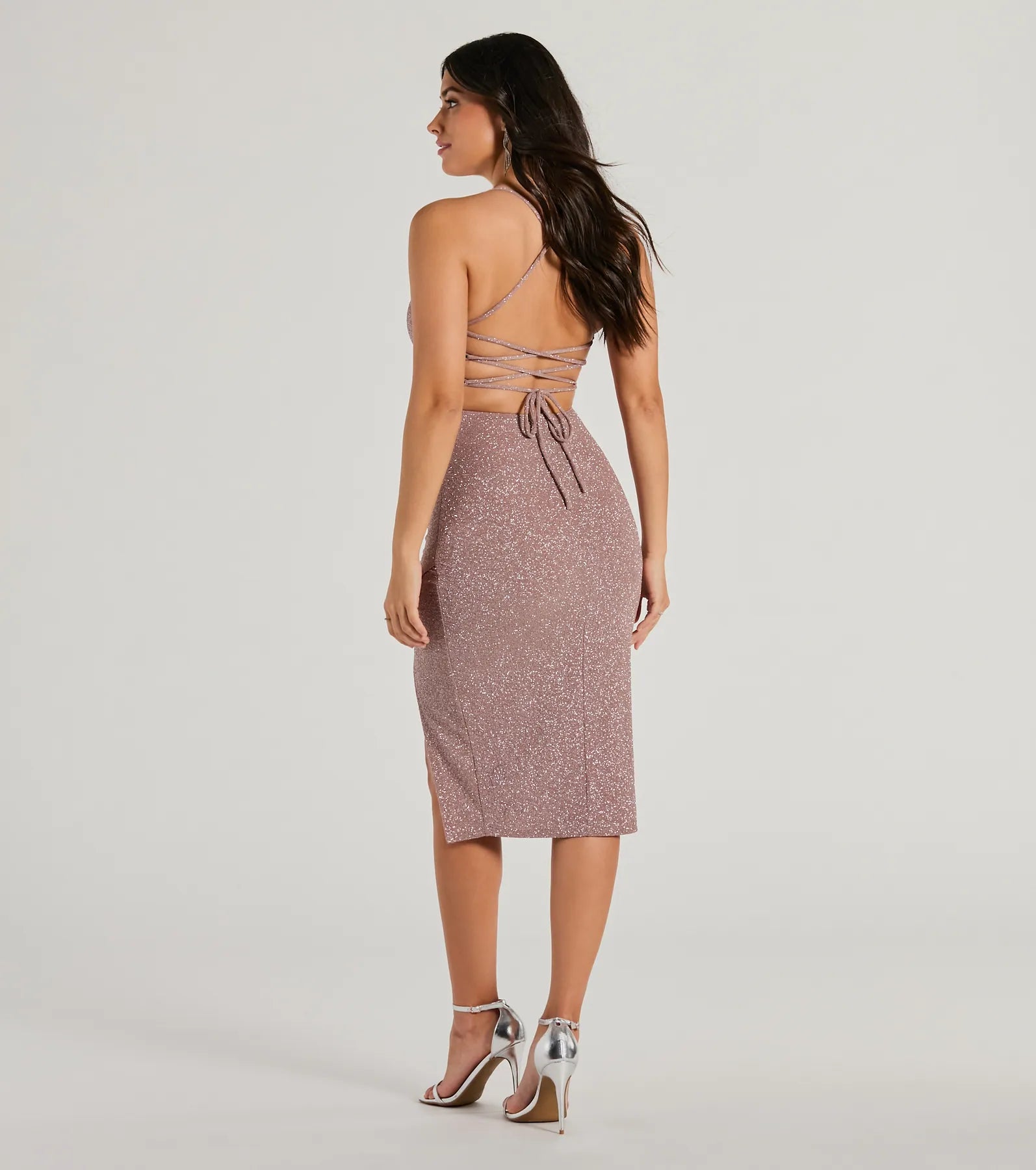 Glam Upgrade Lace-Up Bodycon Glitter Midi Dress - Image 2