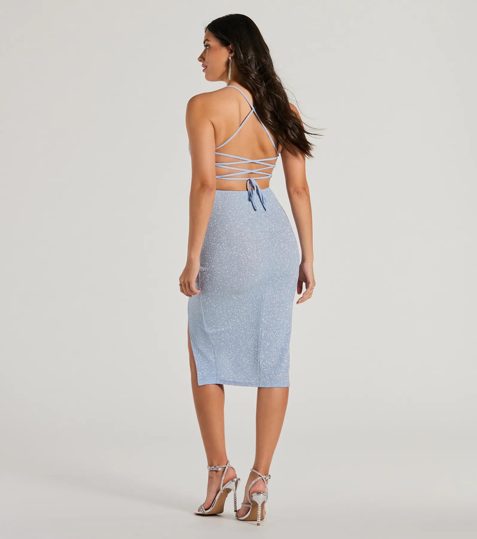 Glam Upgrade Lace-Up Bodycon Glitter Midi Dress - Image 6