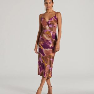 Always Impress Cowl Neck Tie-Dye Satin Midi Dress