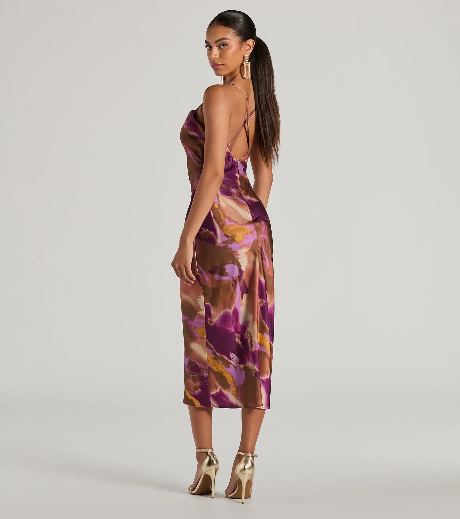Always Impress Cowl Neck Tie-Dye Satin Midi Dress - Image 2
