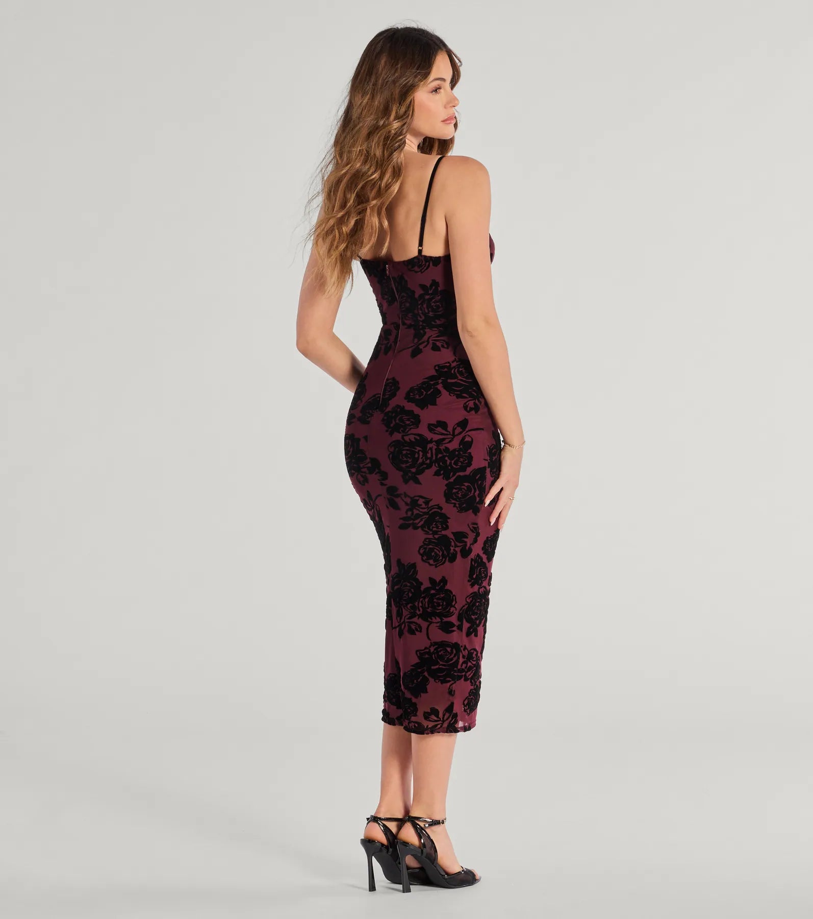 Bold Romance Sleeveless Flocked Velvet Corset Midi Dress - Image 2