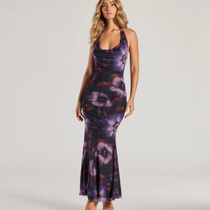 Sultry Fave Halter Cowl Neck Floral Maxi Dress