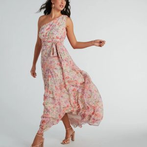 Floral Perfection One-Shoulder Chiffon Maxi Dress