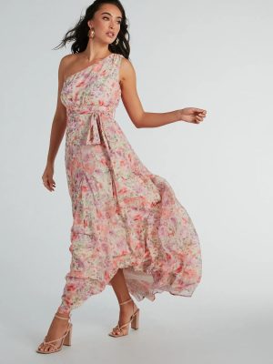 Floral Perfection One-Shoulder Chiffon Maxi Dress