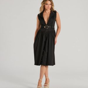 Pleasant Cutie Collared V-Neck Belted Midi Dress