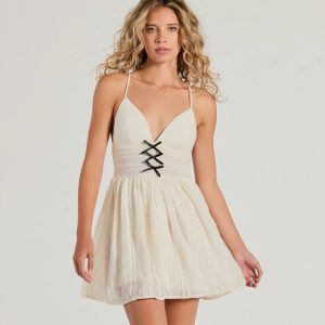 All About Her V-Neck Bow Lace Skater Dress