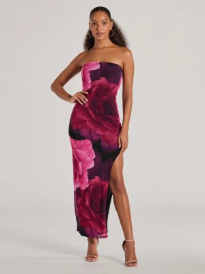 Grandeur Blooms Strapless Slit Floral Maxi Dress