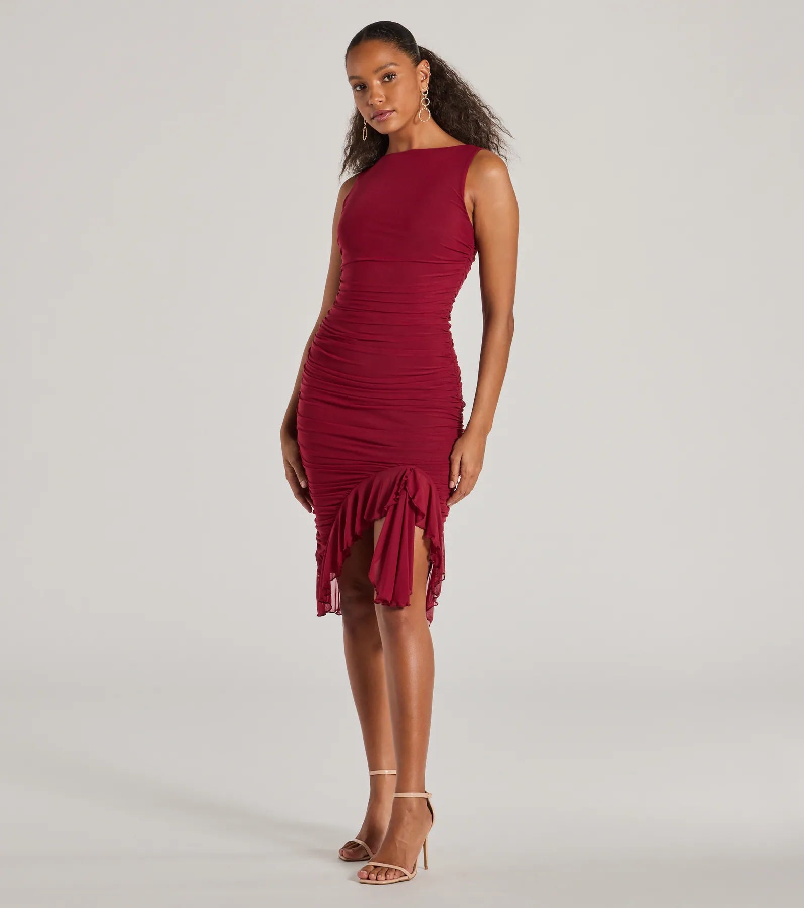 Casey Formal Mesh High Neck Ruffle Midi Dress - Image 8