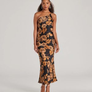 Sensational Sultry One-Shoulder Floral Satin Maxi Dress