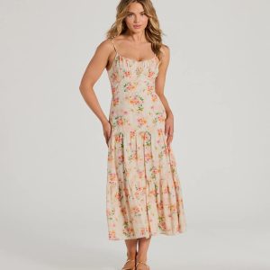 Soiree Hour Lace-Up Ruffled Floral Midi Dress