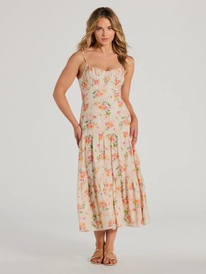 Soiree Hour Lace-Up Ruffled Floral Midi Dress