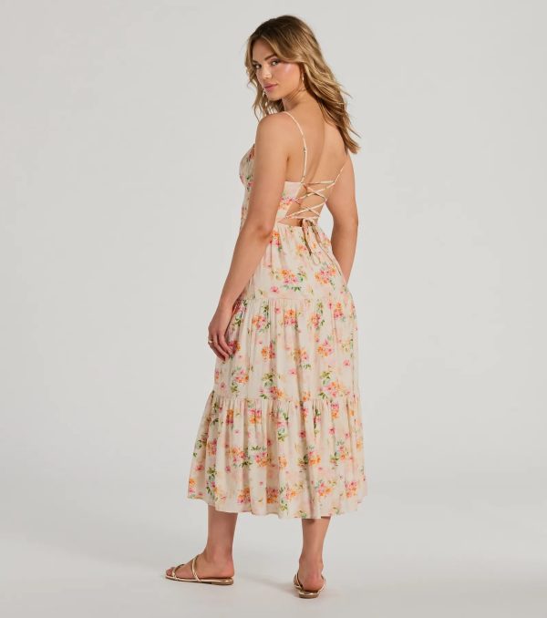 Soiree Hour Lace-Up Ruffled Floral Midi Dress - Image 2