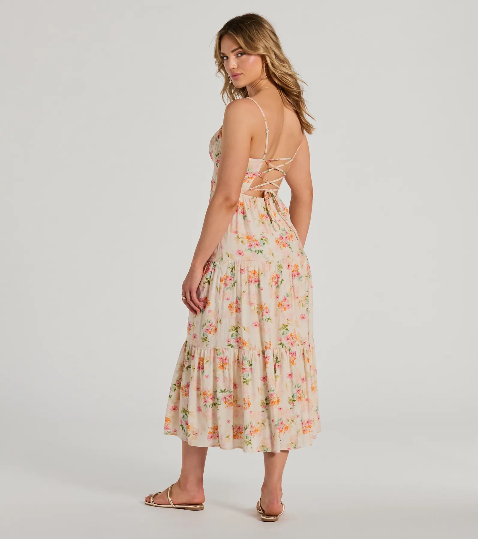Soiree Hour Lace-Up Ruffled Floral Midi Dress - Image 2