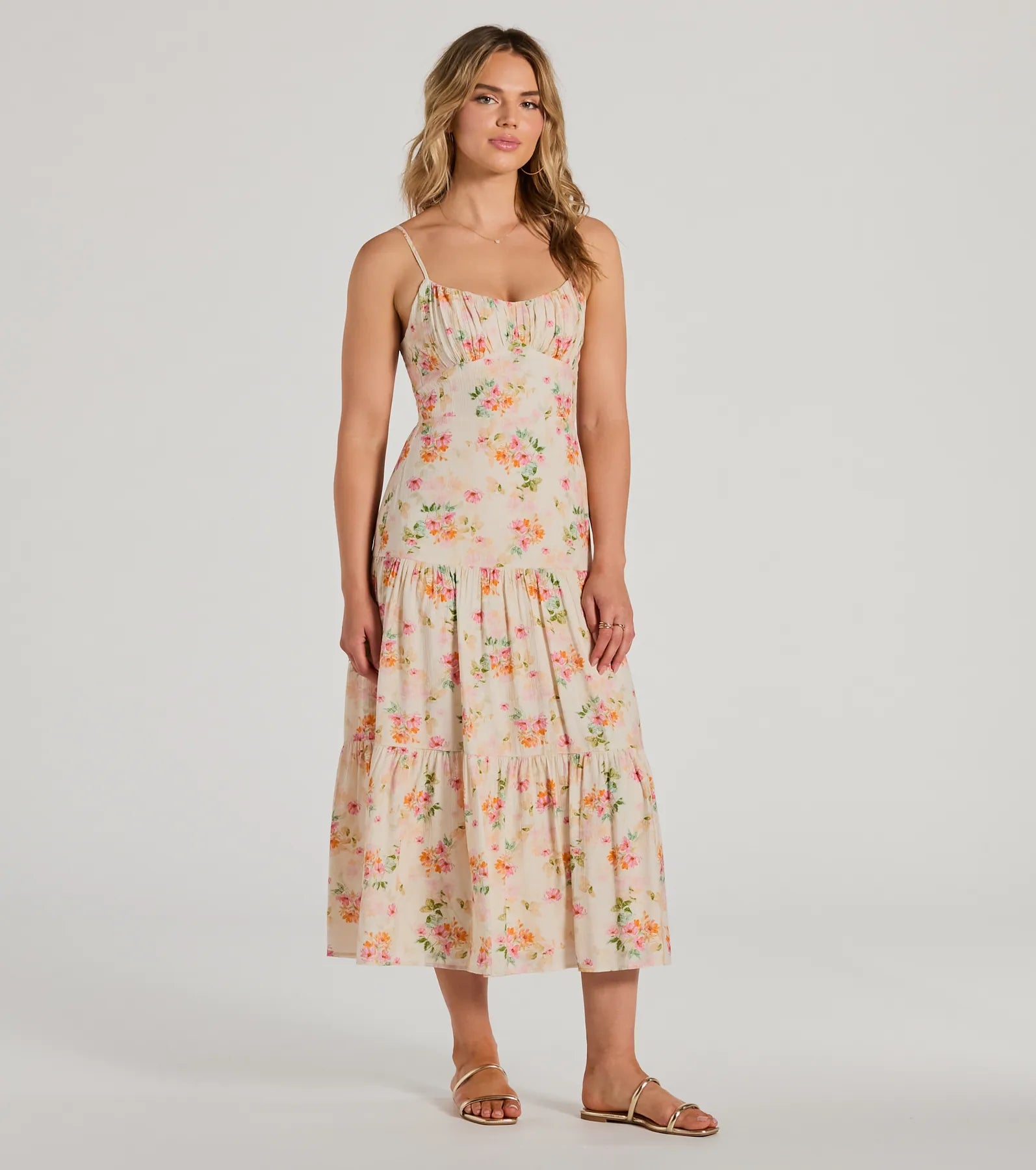 Soiree Hour Lace-Up Ruffled Floral Midi Dress - Image 4