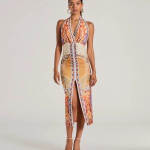 Vibrant Side Geometric Print Bodycon Midi Dress