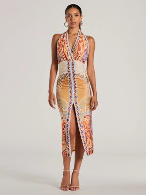 Vibrant Side Geometric Print Bodycon Midi Dress