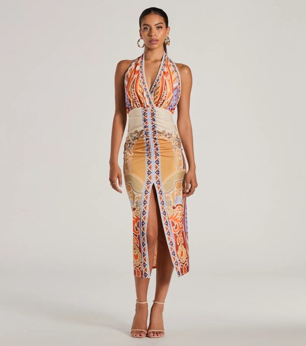 Vibrant Side Geometric Print Bodycon Midi Dress