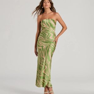 Fierce Stripes Strapless Zebra Print Satin Maxi Dress