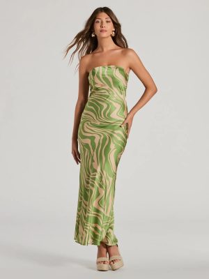 Fierce Stripes Strapless Zebra Print Satin Maxi Dress