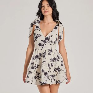 Chantel Bow Tie V-Neck Floral Ruffle Skater Dress