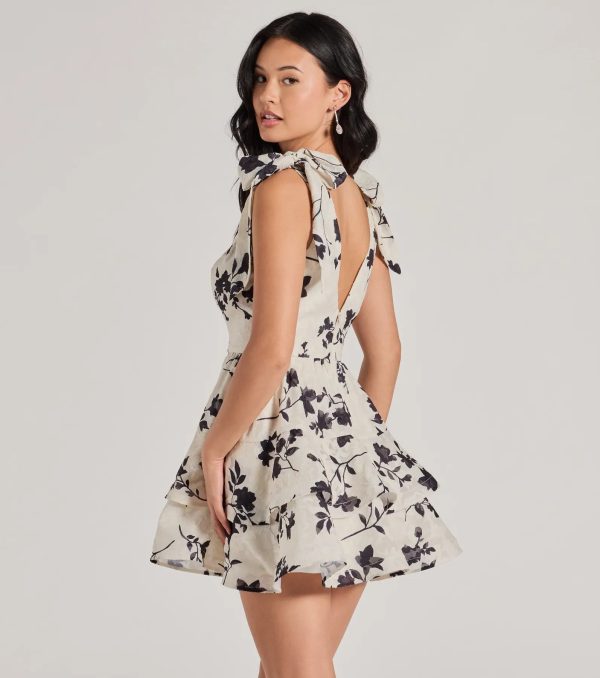 Chantel Bow Tie V-Neck Floral Ruffle Skater Dress - Image 2