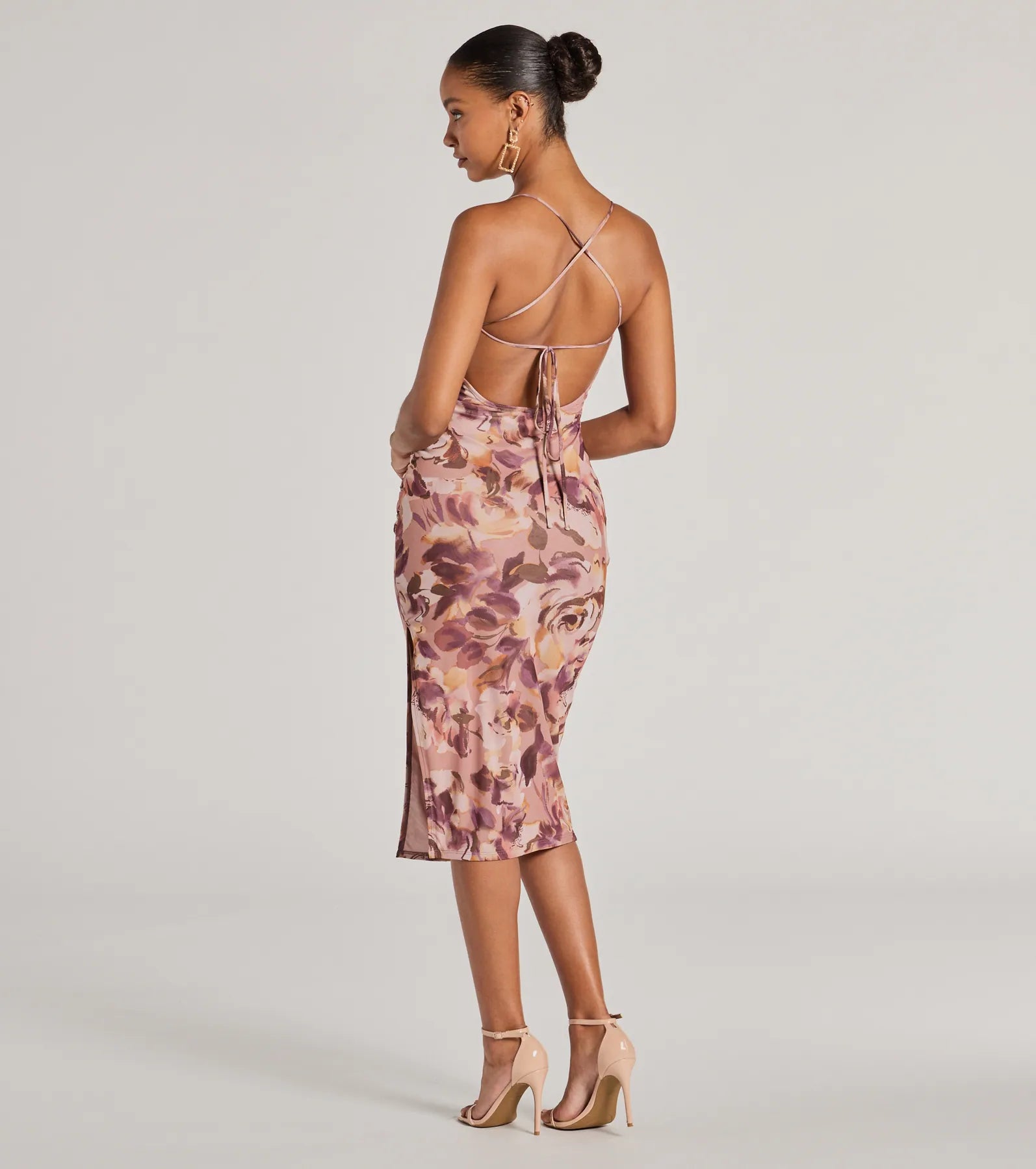 Floral Energy Lace-Up Bodycon Slit Midi Dress - Image 2