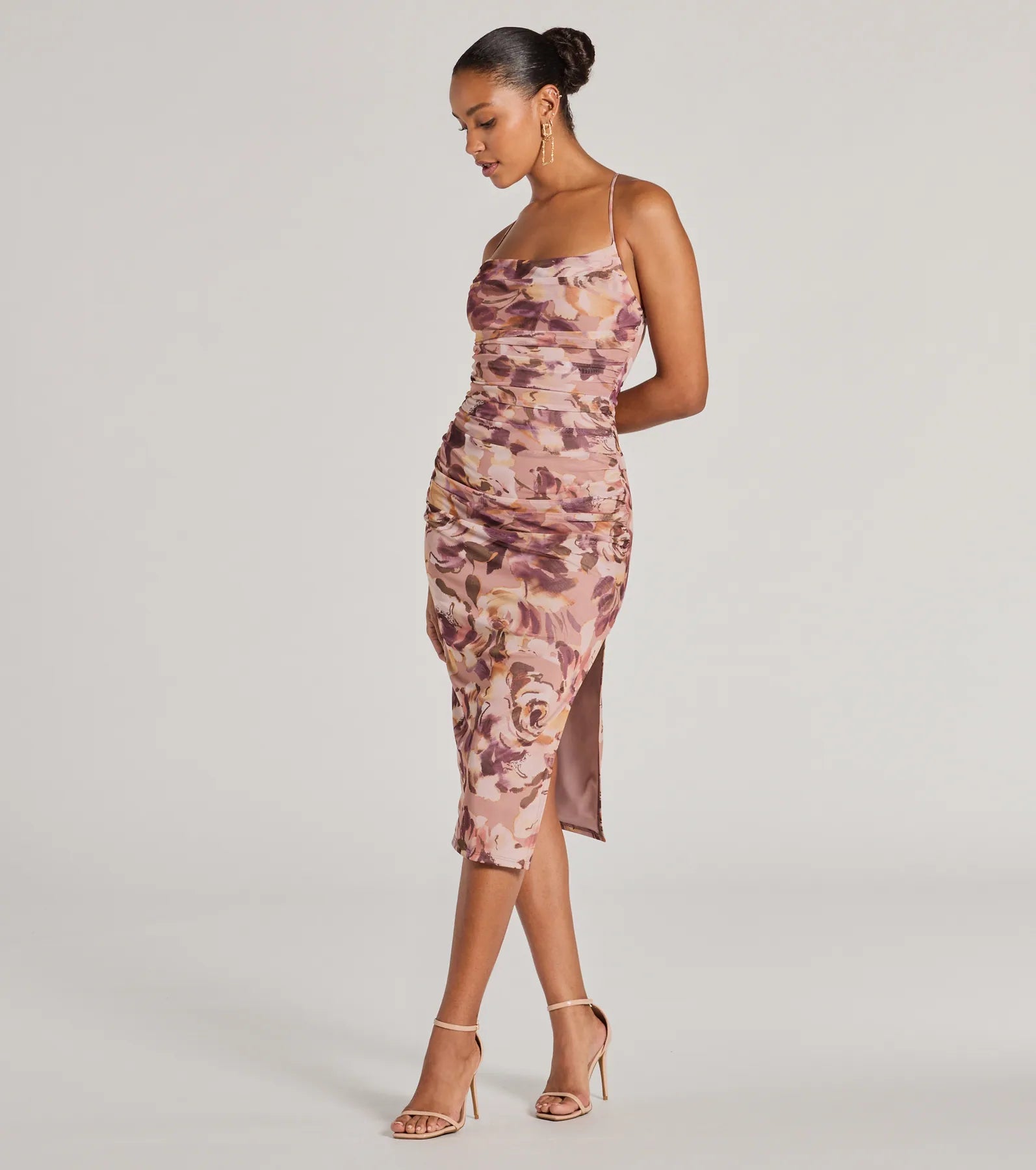 Floral Energy Lace-Up Bodycon Slit Midi Dress - Image 4