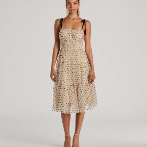 Timeless Look Bow Strap Polka Dot Tulle Midi Dress