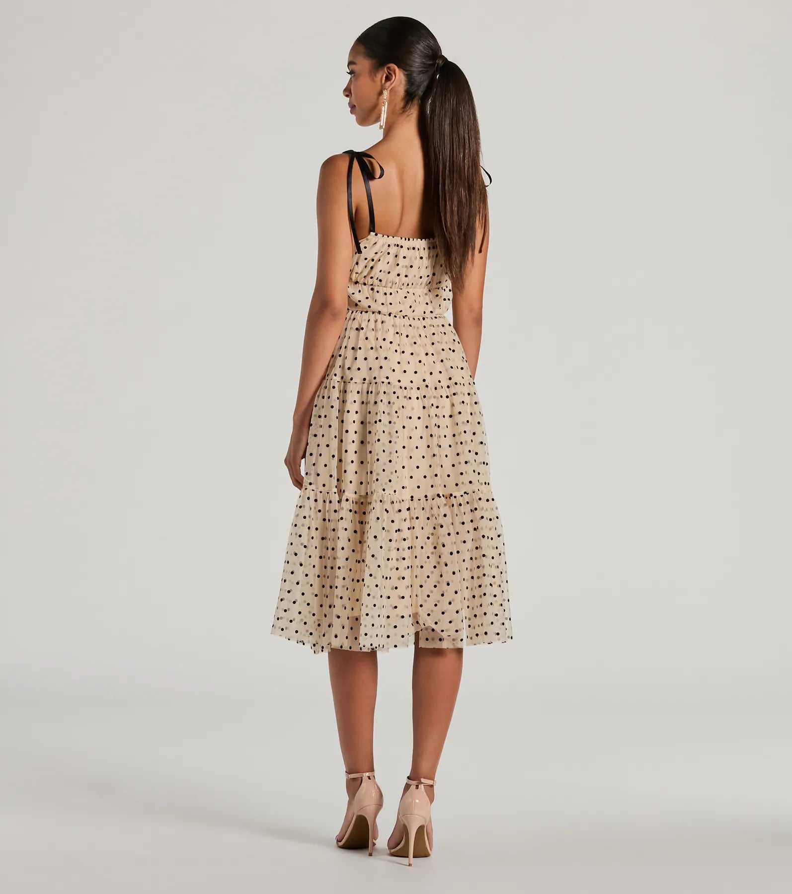 Timeless Look Bow Strap Polka Dot Tulle Midi Dress - Image 2