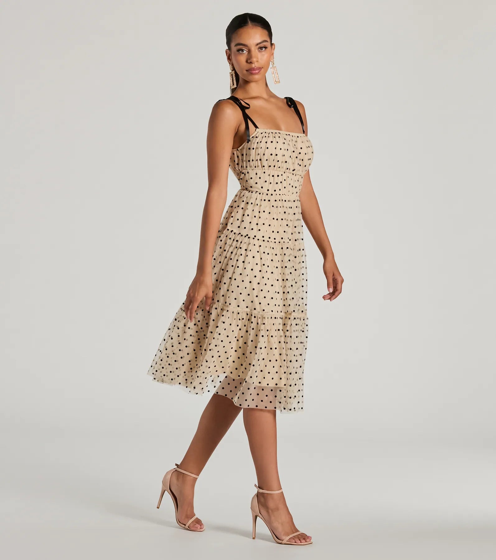 Timeless Look Bow Strap Polka Dot Tulle Midi Dress - Image 4