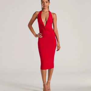 Evening Of Sultry Plunge V-Neck Halter Midi Dress