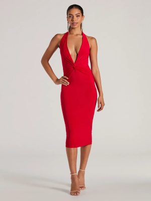 Evening Of Sultry Plunge V-Neck Halter Midi Dress