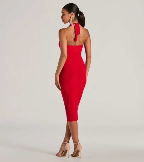 Evening Of Sultry Plunge V-Neck Halter Midi Dress - Image 2