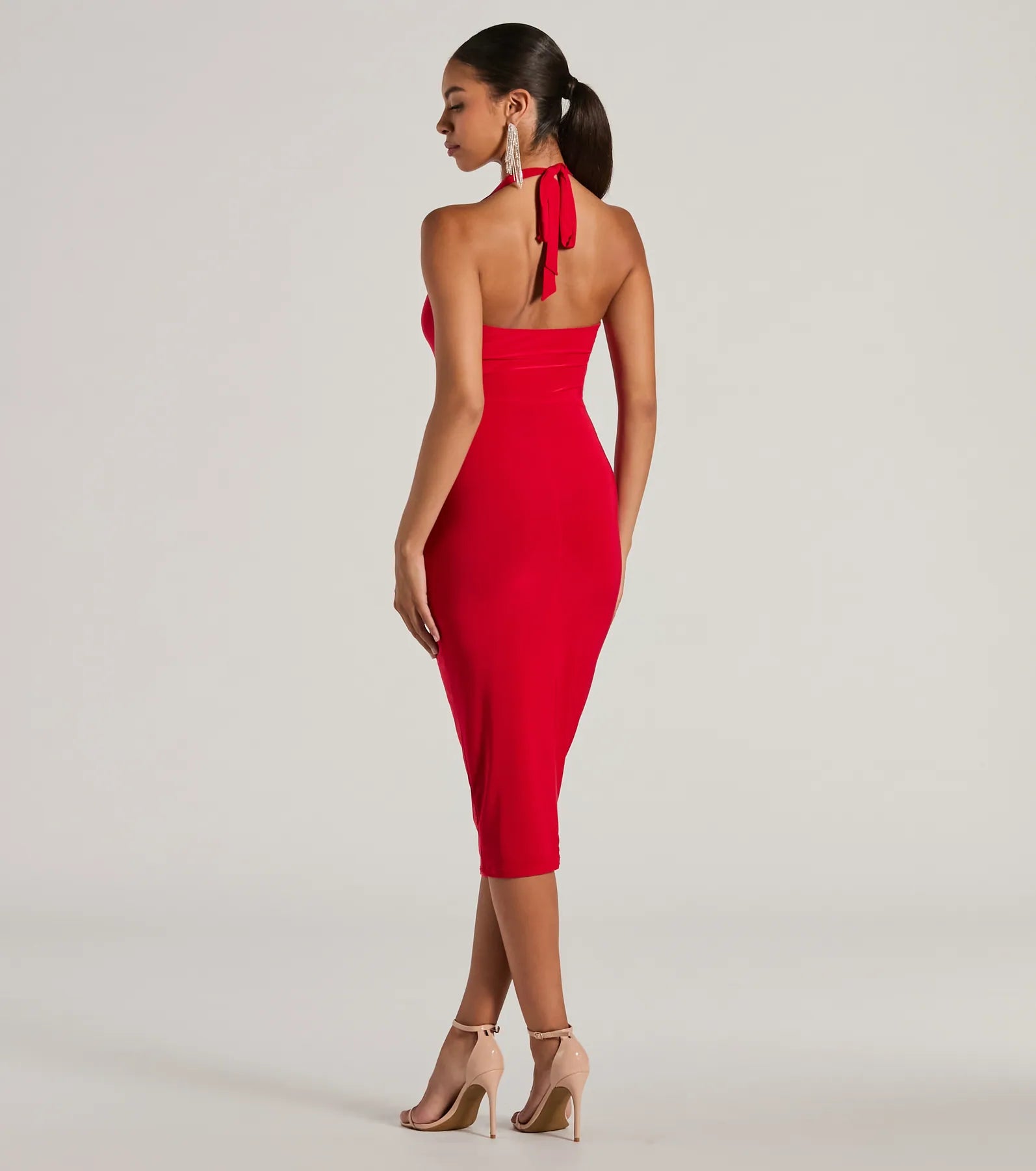 Evening Of Sultry Plunge V-Neck Halter Midi Dress - Image 2