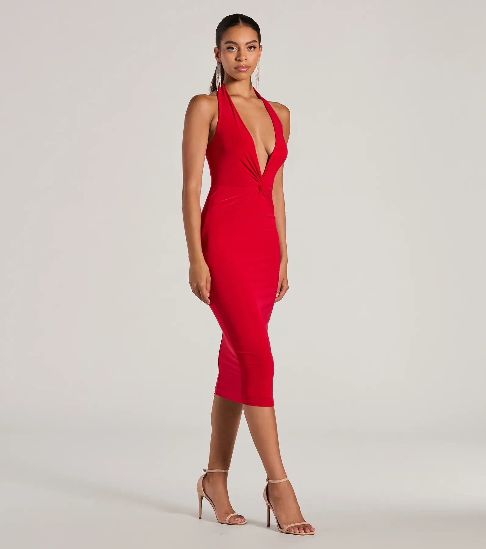 Evening Of Sultry Plunge V-Neck Halter Midi Dress - Image 4
