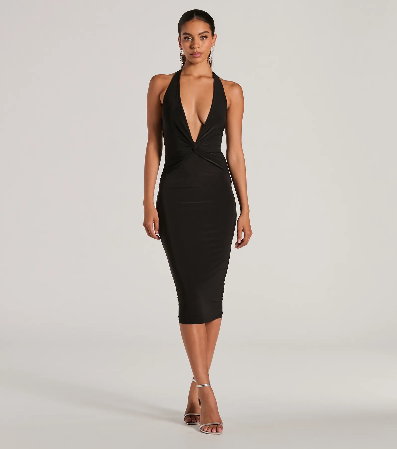 Evening Of Sultry Plunge V-Neck Halter Midi Dress - Image 6