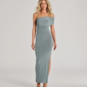 Undeniable Beauty One-Shoulder High Slit Knit Maxi Dress