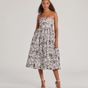 Into The Floral Forest Strapless A-Line Midi Dress