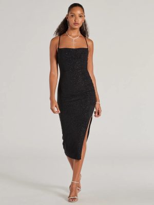 Classic Glam Glitter Knit High Slit Midi Dress