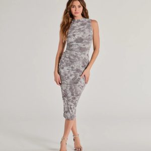 Chic Girl Flocked Mesh Mock Neck Midi Dress