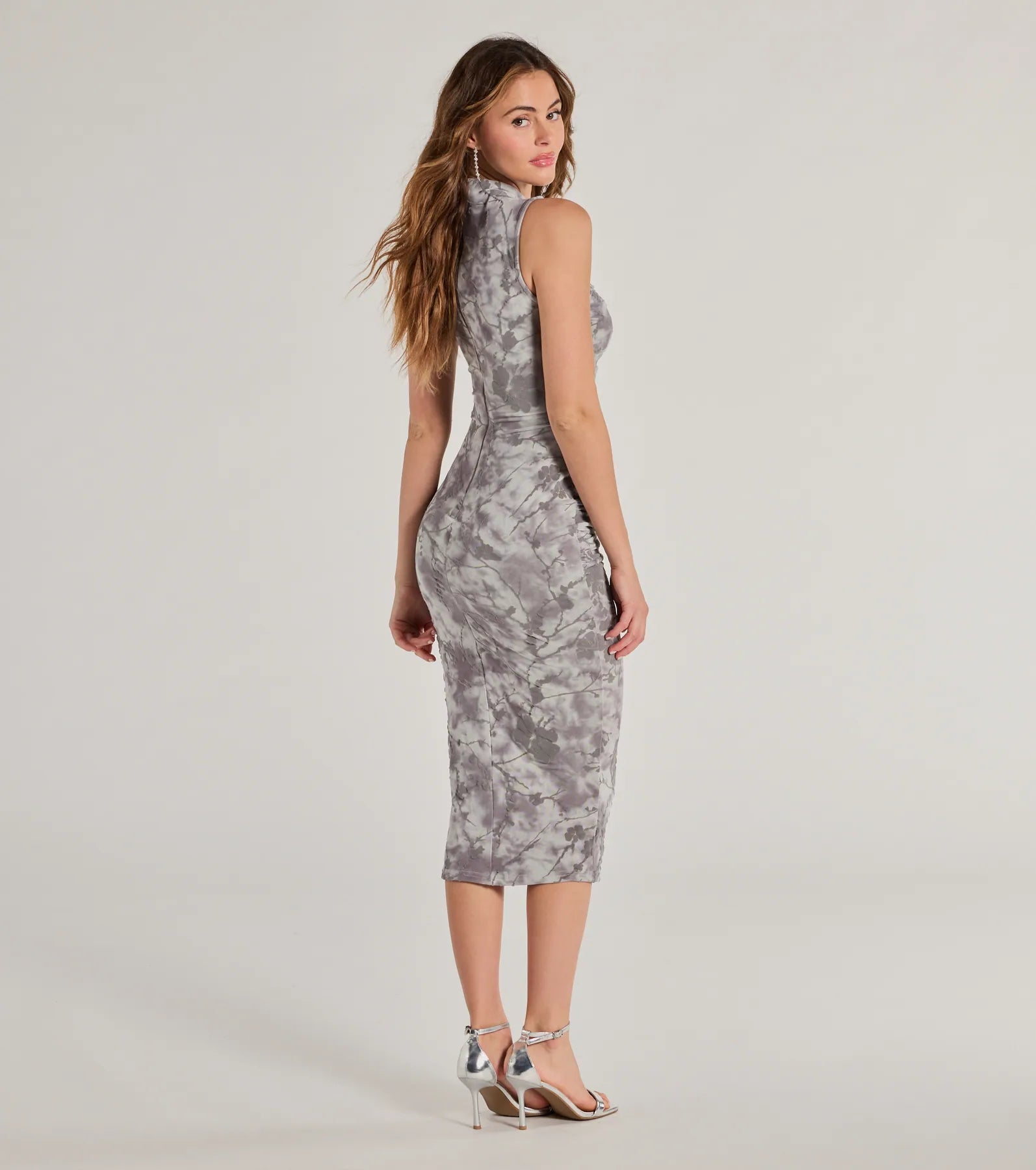 Chic Girl Flocked Mesh Mock Neck Midi Dress - Image 2