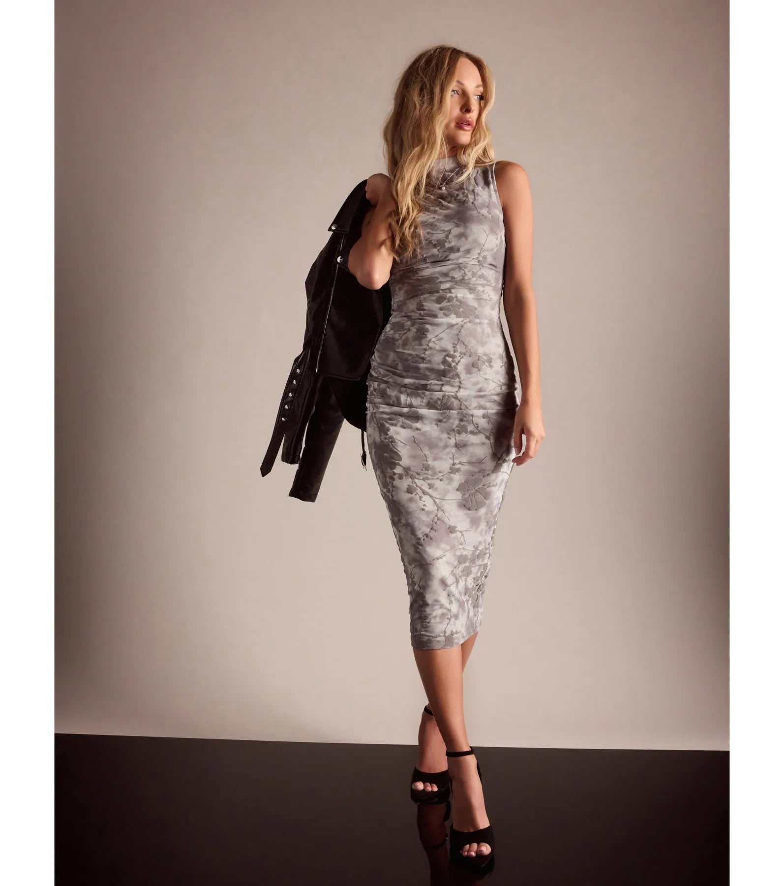Chic Girl Flocked Mesh Mock Neck Midi Dress - Image 5