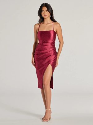 Stylish Shine Glitter Satin Lace-Up Midi Dress