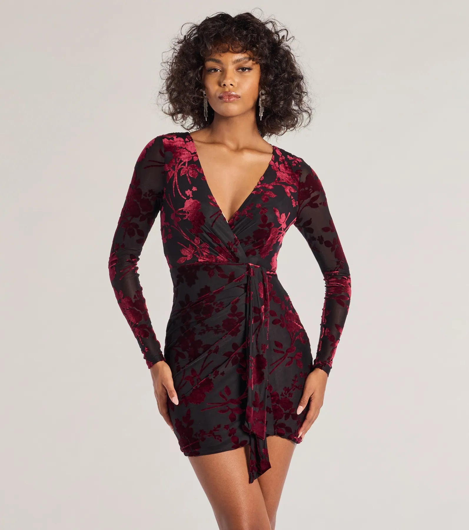 Vision In Velvet Pattern V-Neck Tie Mini Dress - Image 5