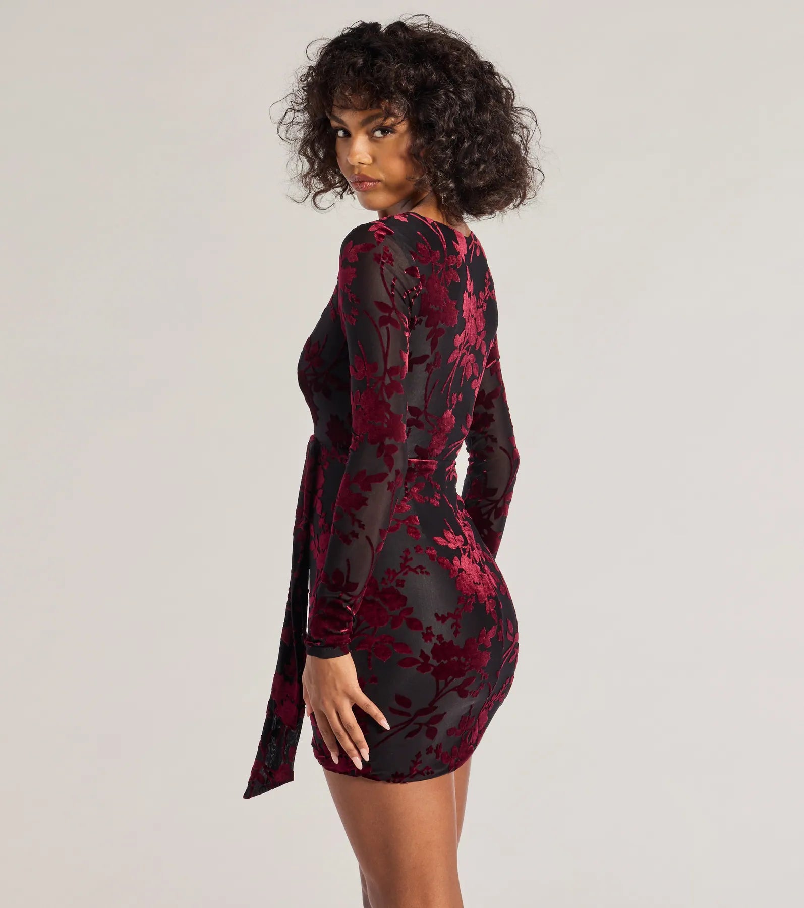 Vision In Velvet Pattern V-Neck Tie Mini Dress - Image 6